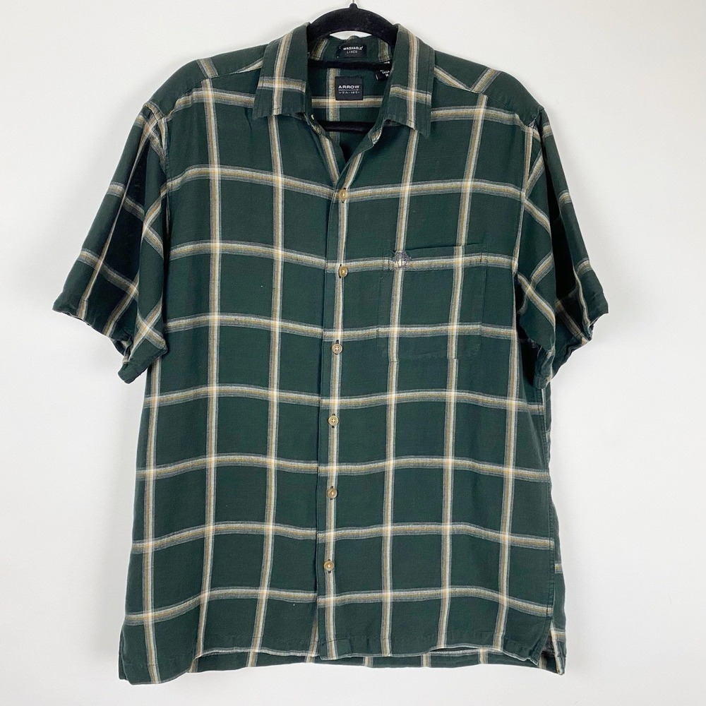 Arrow‎ USA 1851 Plaid Linen Blend Short Sleeve Button Down Mens M Black